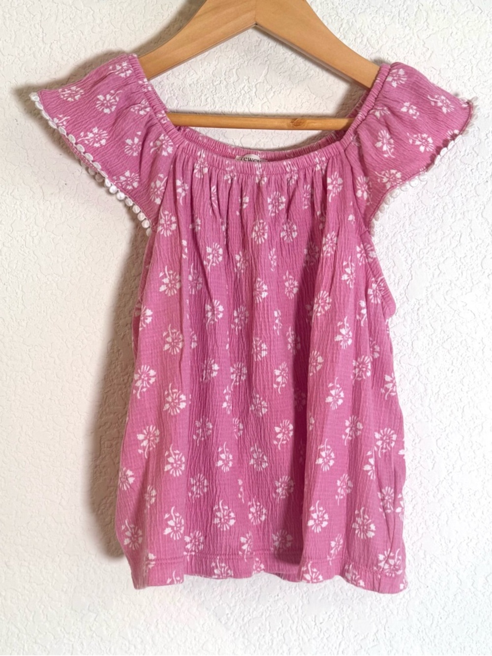 Crewcuts • Floral Summer Cotton Blend Flutter Sleeve Pom Pom Stretch Knit Top